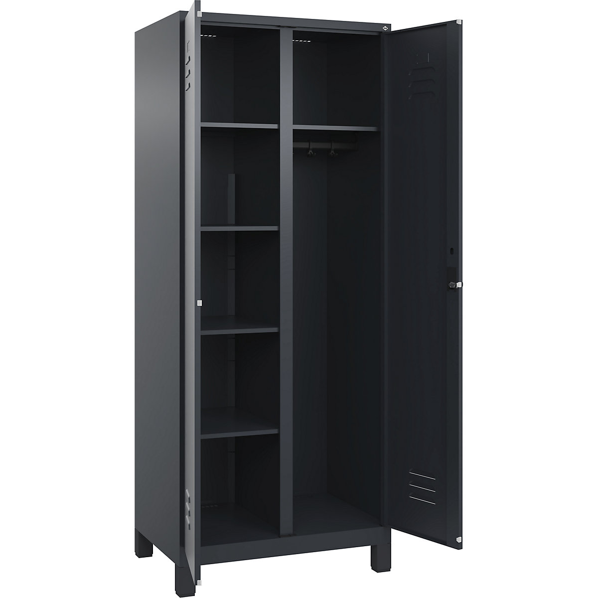 Armadietto per materiale di pulizia Classic PLUS – C+P, 1 scomparto, tramezza centrale, grigio, largh. 800 mm, con piedini, serratura girevole-0