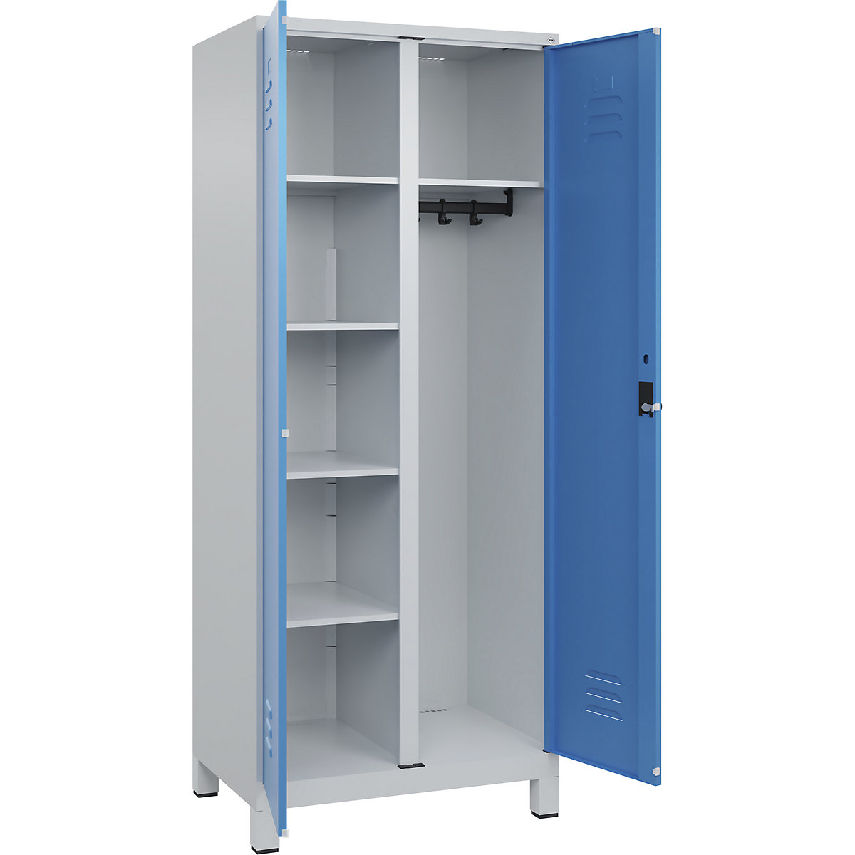 Armadietto per materiale di pulizia Classic PLUS – C+P, 1 scomparto, tramezza centrale, grigio chiaro / blu chiaro, largh. 800 mm, con piedini, serratura girevole-0