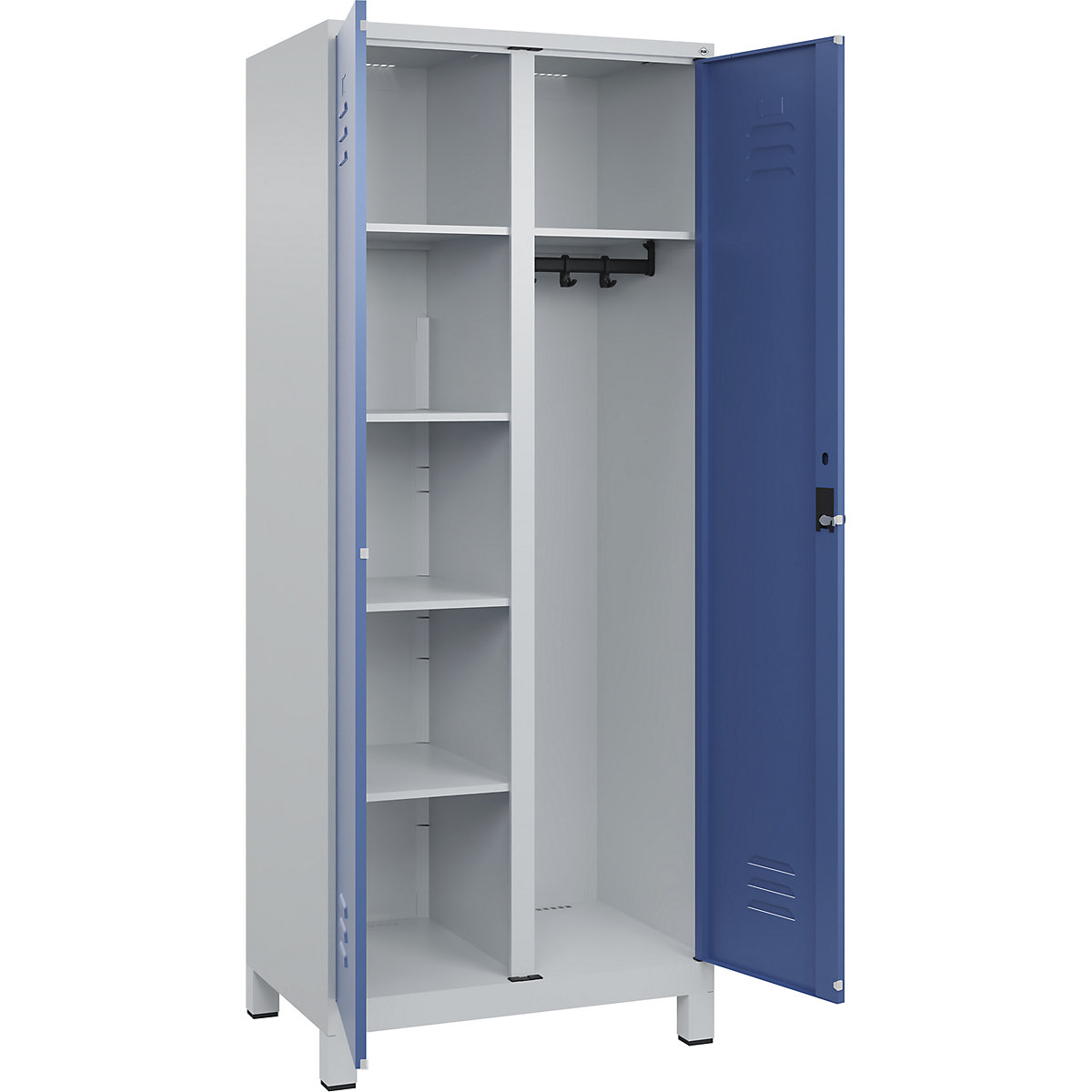 Armadietto per materiale di pulizia Classic PLUS – C+P, 1 scomparto, tramezza centrale, grigio chiaro / indaco, largh. 800 mm, con piedini, serratura girevole-0