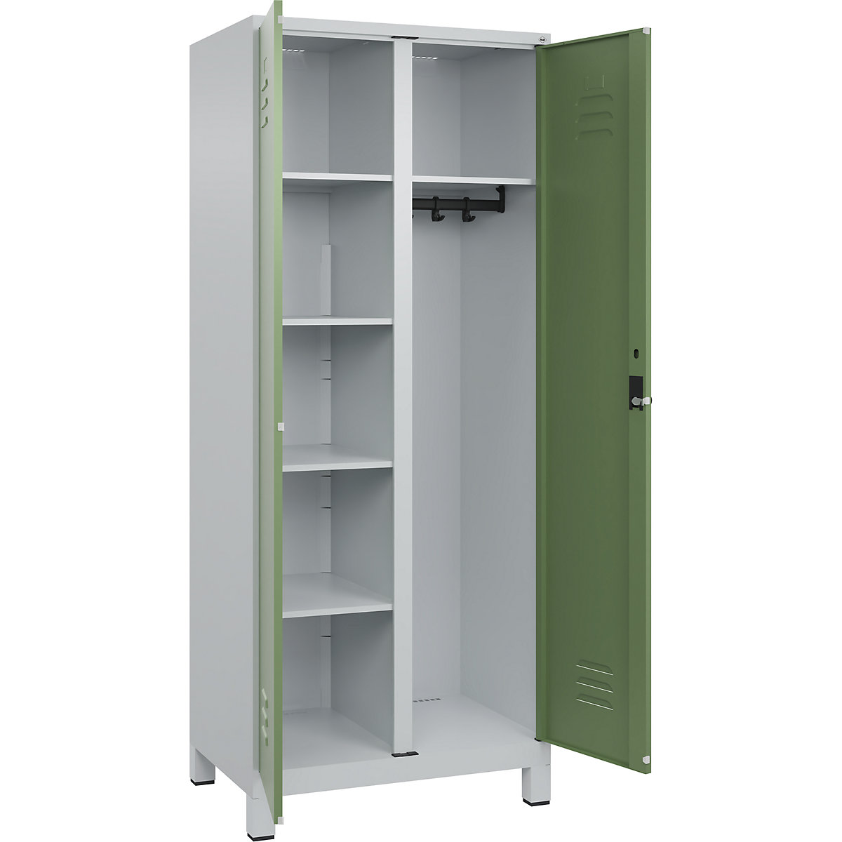 Armadietto per materiale di pulizia Classic PLUS – C+P, 1 scomparto, tramezza centrale, grigio chiaro / verde reseda, largh. 800 mm, con piedini, serratura girevole-0