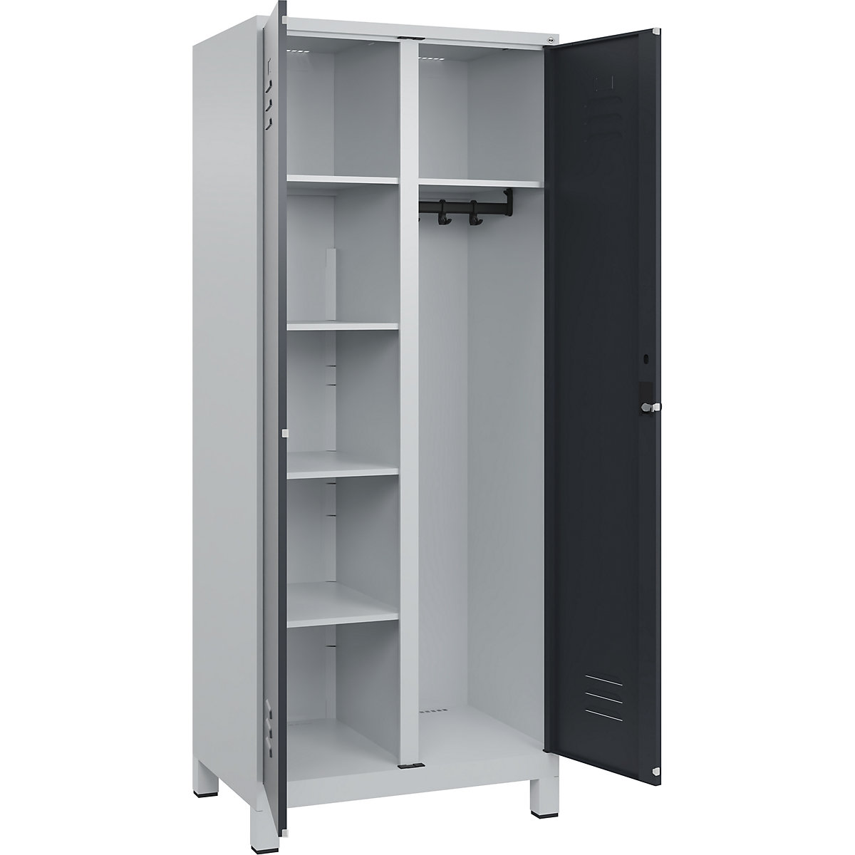 Armadietto per materiale di pulizia Classic PLUS – C+P, 1 scomparto, tramezza centrale, grigio chiaro / grigio, largh. 800 mm, con piedini, serratura girevole-0