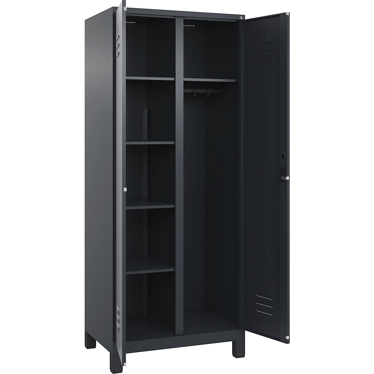Armadietto per materiale di pulizia Classic PLUS – C+P, 1 scomparto, tramezza centrale, grigio, largh. 800 mm, con piedini, serratura a cilindro-0