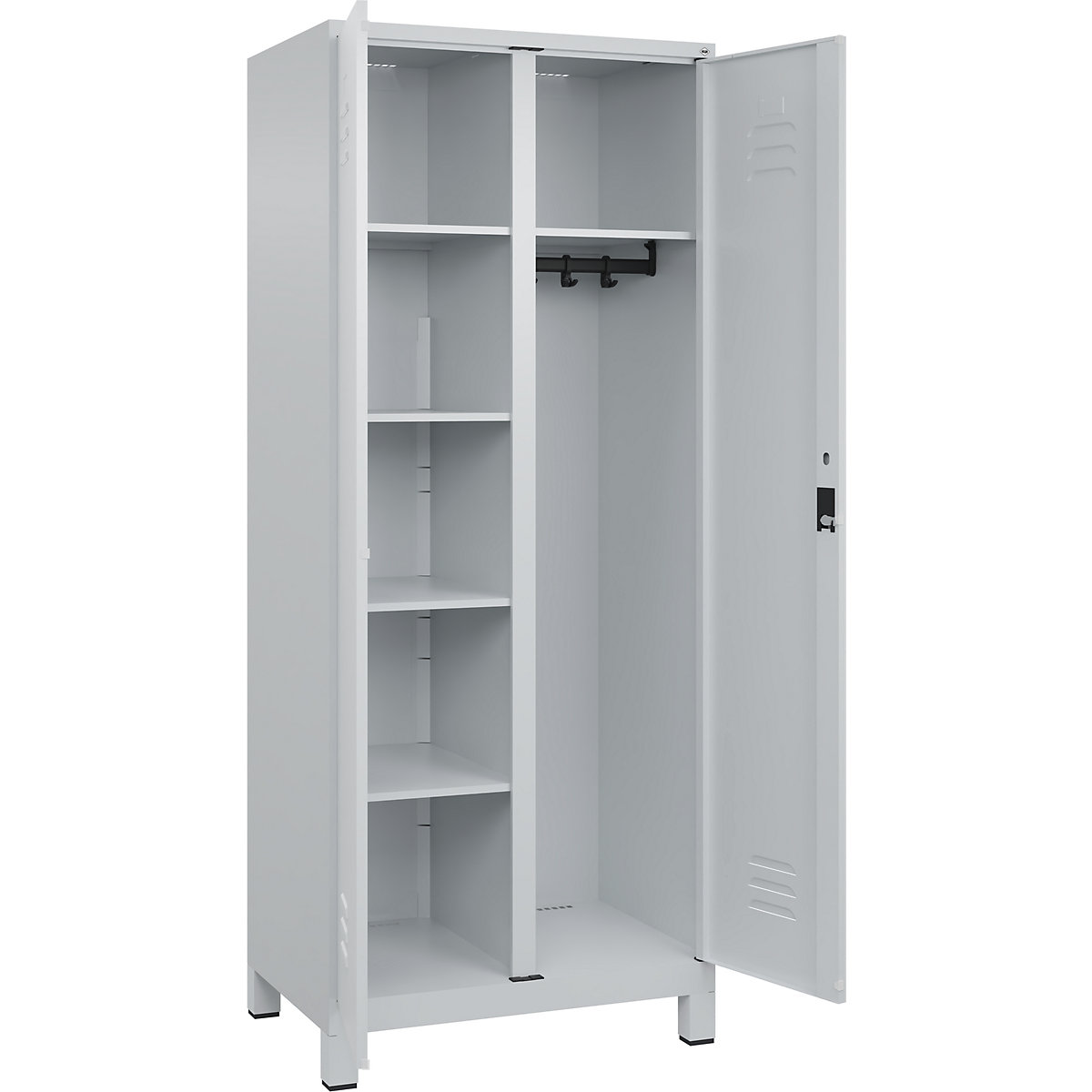 Armadietto per materiale di pulizia Classic PLUS – C+P, 1 scomparto, tramezza centrale, grigio chiaro, largh. 800 mm, con piedini, serratura a cilindro-0