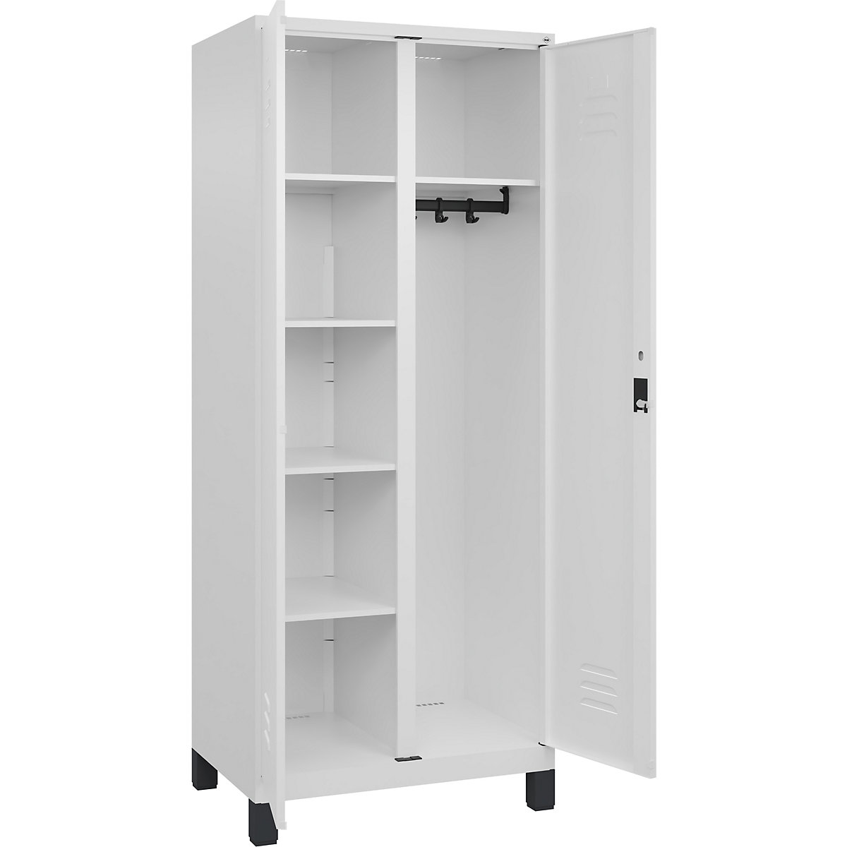 Armadietto per materiale di pulizia Classic PLUS – C+P, 1 scomparto, tramezza centrale, bianco traffico, largh. 800 mm, con piedini, serratura a cilindro-0