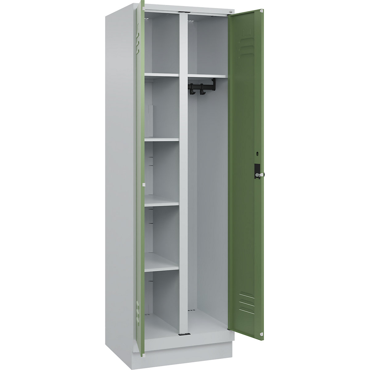 Armadietto per materiale di pulizia Classic PLUS – C+P, 1 scomparto, tramezza centrale, grigio chiaro / verde reseda, largh. 600 mm, con zoccolino, serratura girevole-0
