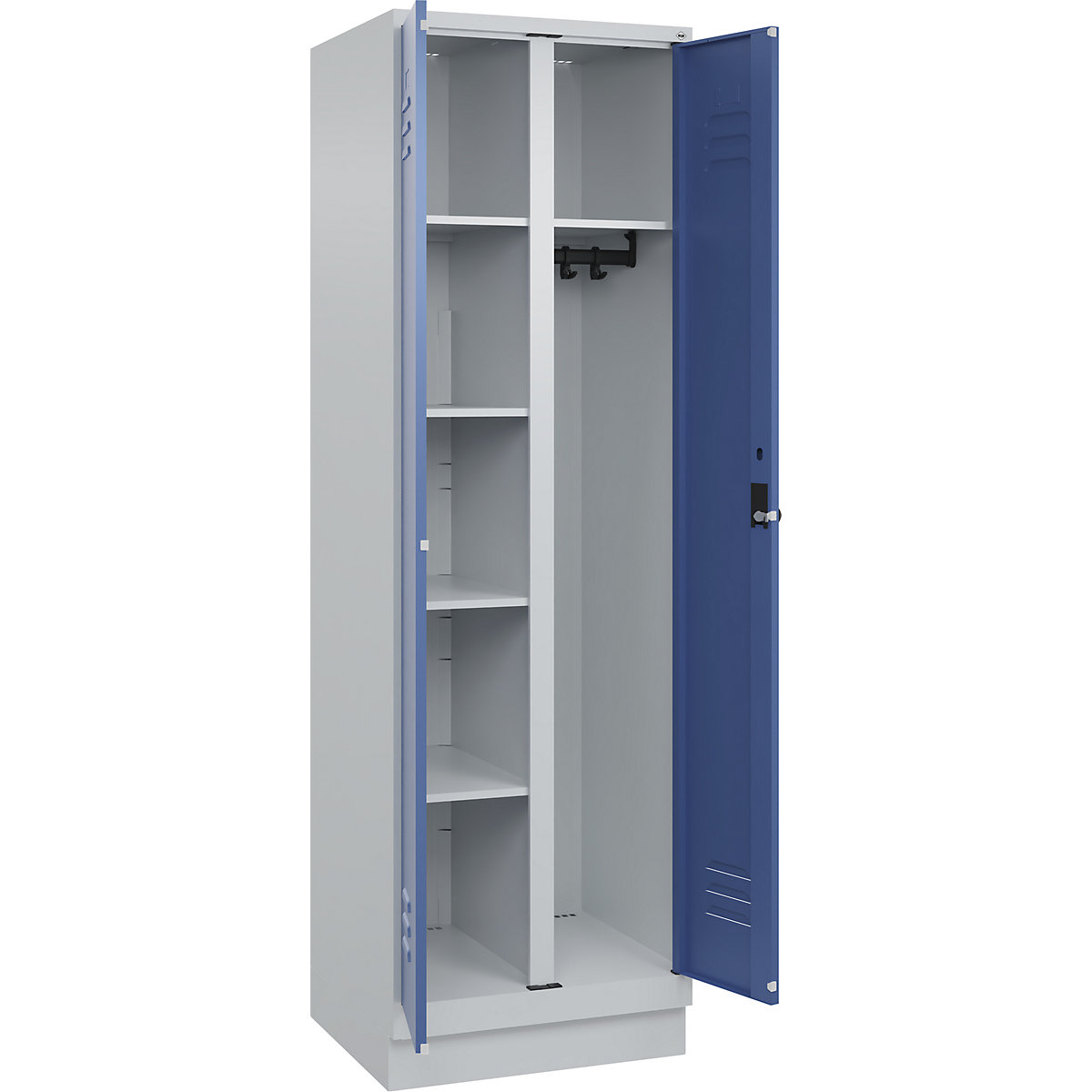 Armadietto per materiale di pulizia Classic PLUS – C+P, 1 scomparto, tramezza centrale, grigio chiaro / indaco, largh. 600 mm, con zoccolino, serratura girevole-0