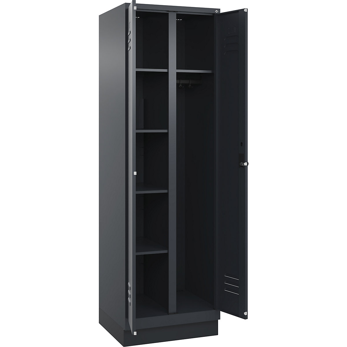 Armadietto per materiale di pulizia Classic PLUS – C+P, 1 scomparto, tramezza centrale, grigio, largh. 600 mm, con zoccolino, serratura girevole-0