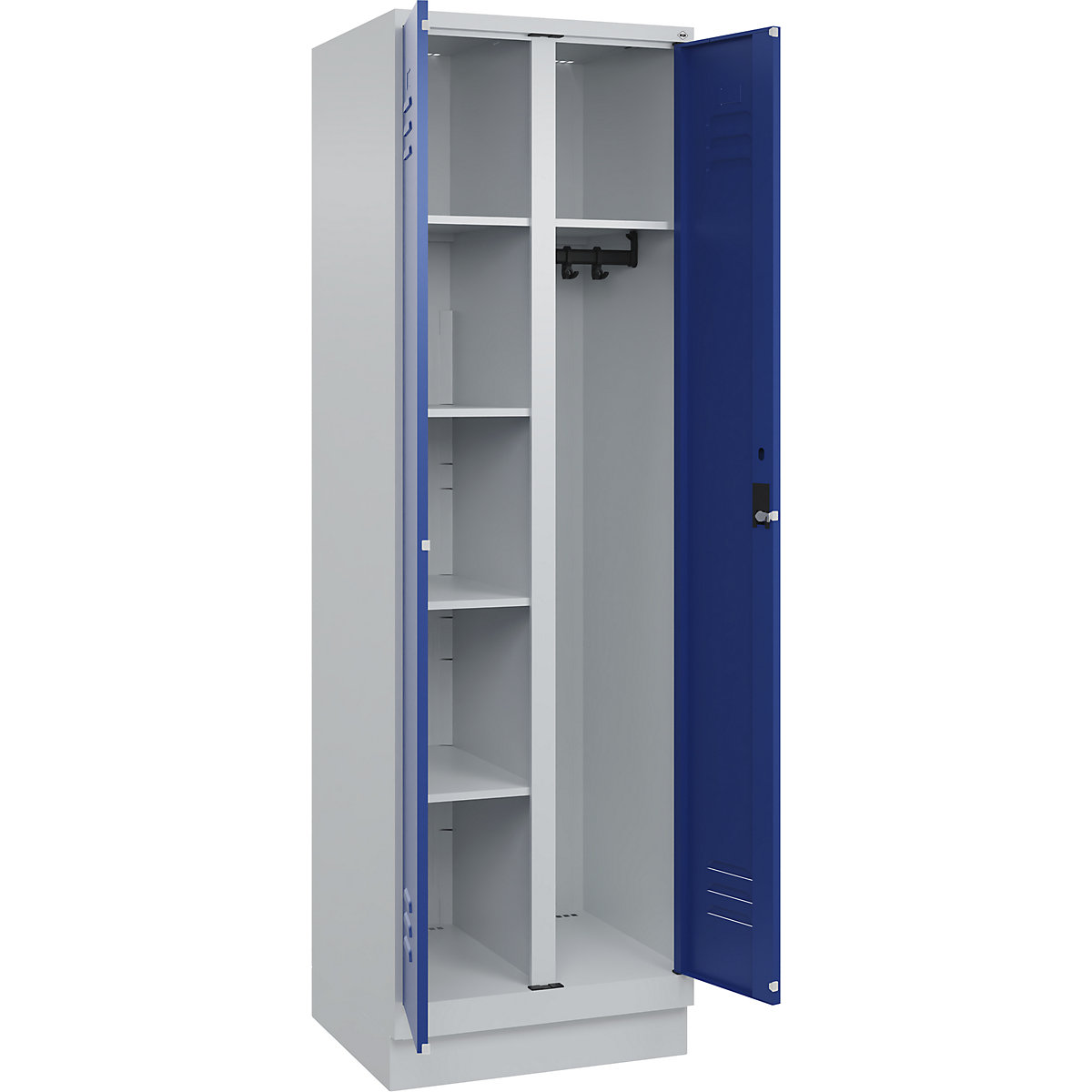 Armadietto per materiale di pulizia Classic PLUS – C+P, 1 scomparto, tramezza centrale, grigio chiaro / blu genziana, largh. 600 mm, con zoccolino, serratura a cilindro-0