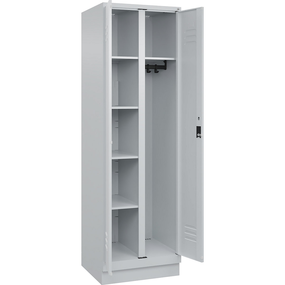 Armadietto per materiale di pulizia Classic PLUS – C+P, 1 scomparto, tramezza centrale, grigio chiaro, largh. 600 mm, con zoccolino, serratura a cilindro-0