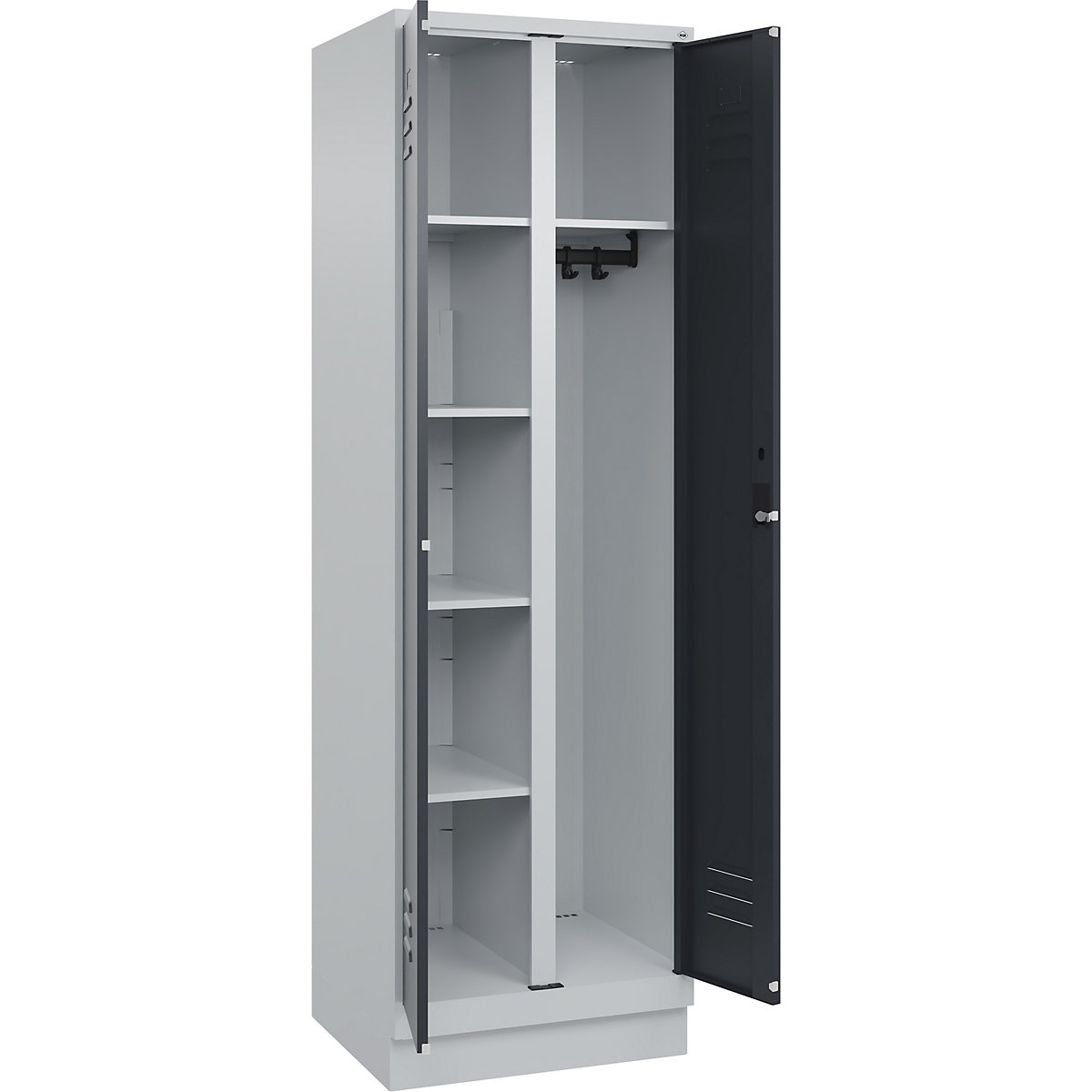 Armadietto per materiale di pulizia Classic PLUS – C+P, 1 scomparto, tramezza centrale, grigio chiaro / grigio, largh. 600 mm, con zoccolino, serratura a cilindro-0