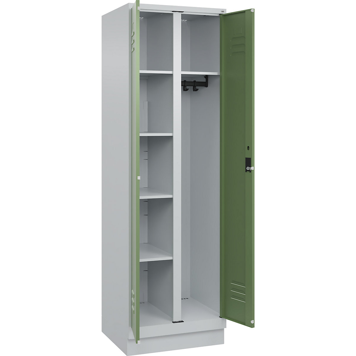 Armadietto per materiale di pulizia Classic PLUS – C+P, 1 scomparto, tramezza centrale, grigio chiaro / verde reseda, largh. 600 mm, con zoccolino, serratura a cilindro-0