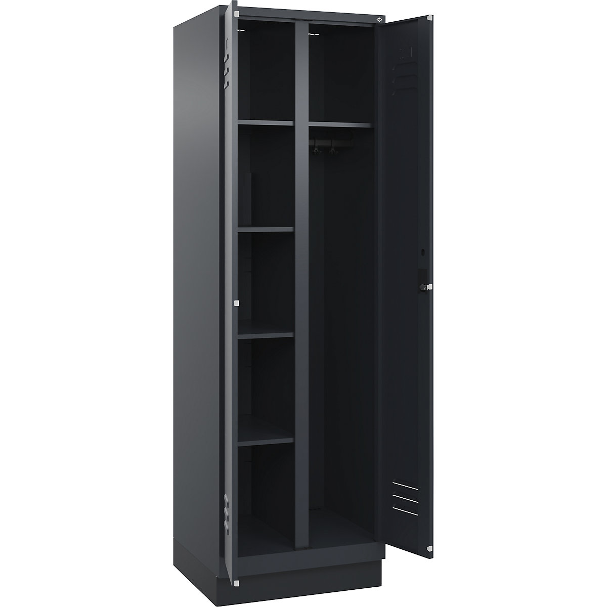 Armadietto per materiale di pulizia Classic PLUS – C+P, 1 scomparto, tramezza centrale, grigio, largh. 600 mm, con zoccolino, serratura a cilindro-0