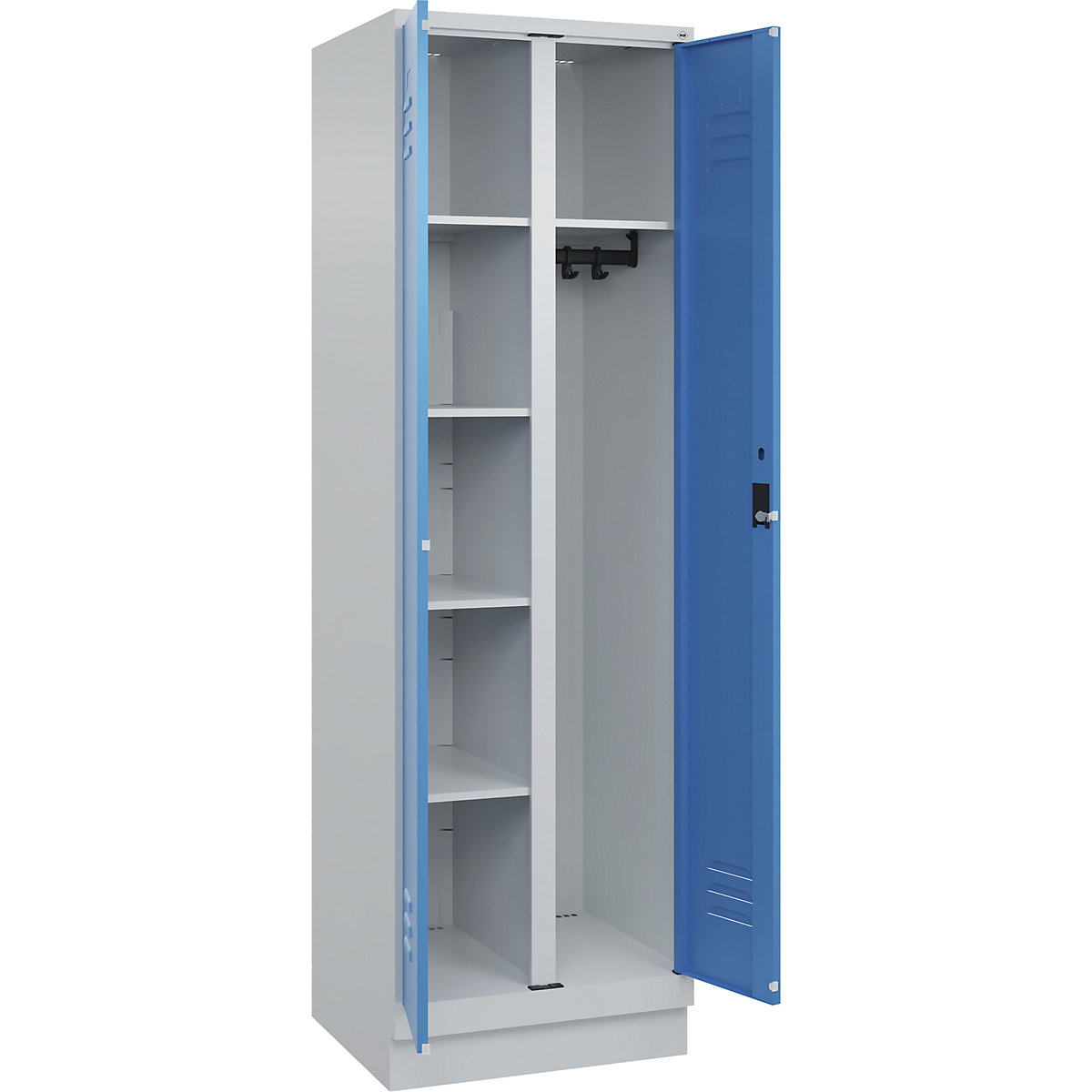 Armadietto per materiale di pulizia Classic PLUS – C+P, 1 scomparto, tramezza centrale, grigio chiaro / blu chiaro, largh. 600 mm, con zoccolino, serratura a cilindro-0