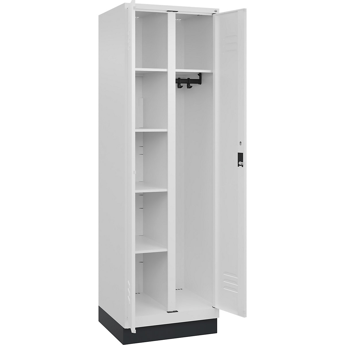 Armadietto per materiale di pulizia Classic PLUS – C+P, 1 scomparto, tramezza centrale, bianco traffico, largh. 600 mm, con zoccolino, serratura a cilindro-0