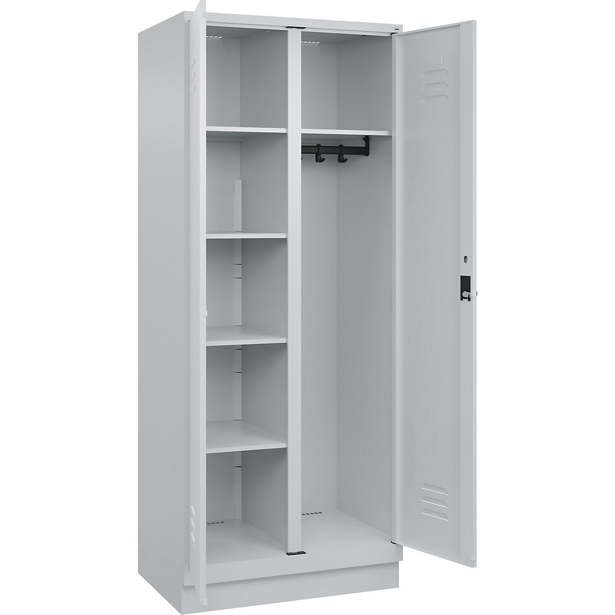 Armadietto per materiale di pulizia Classic PLUS – C+P, 1 scomparto, tramezza centrale, grigio chiaro, largh. 800 mm, con zoccolino, serratura girevole-0