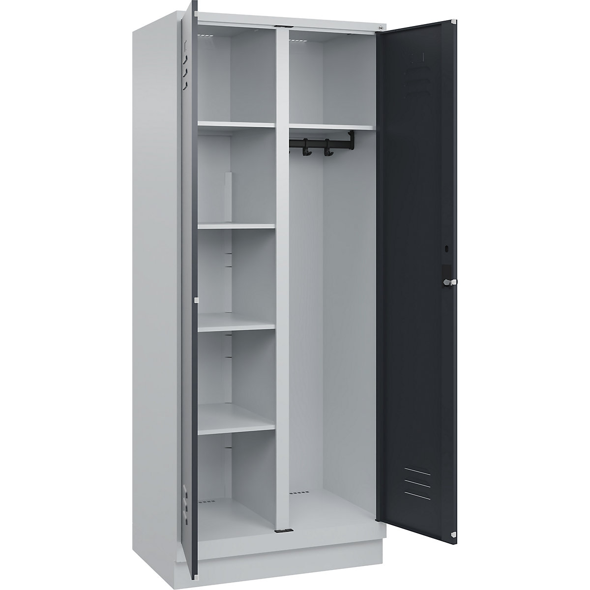 Armadietto per materiale di pulizia Classic PLUS – C+P, 1 scomparto, tramezza centrale, grigio chiaro / grigio, largh. 800 mm, con zoccolino, serratura girevole-0