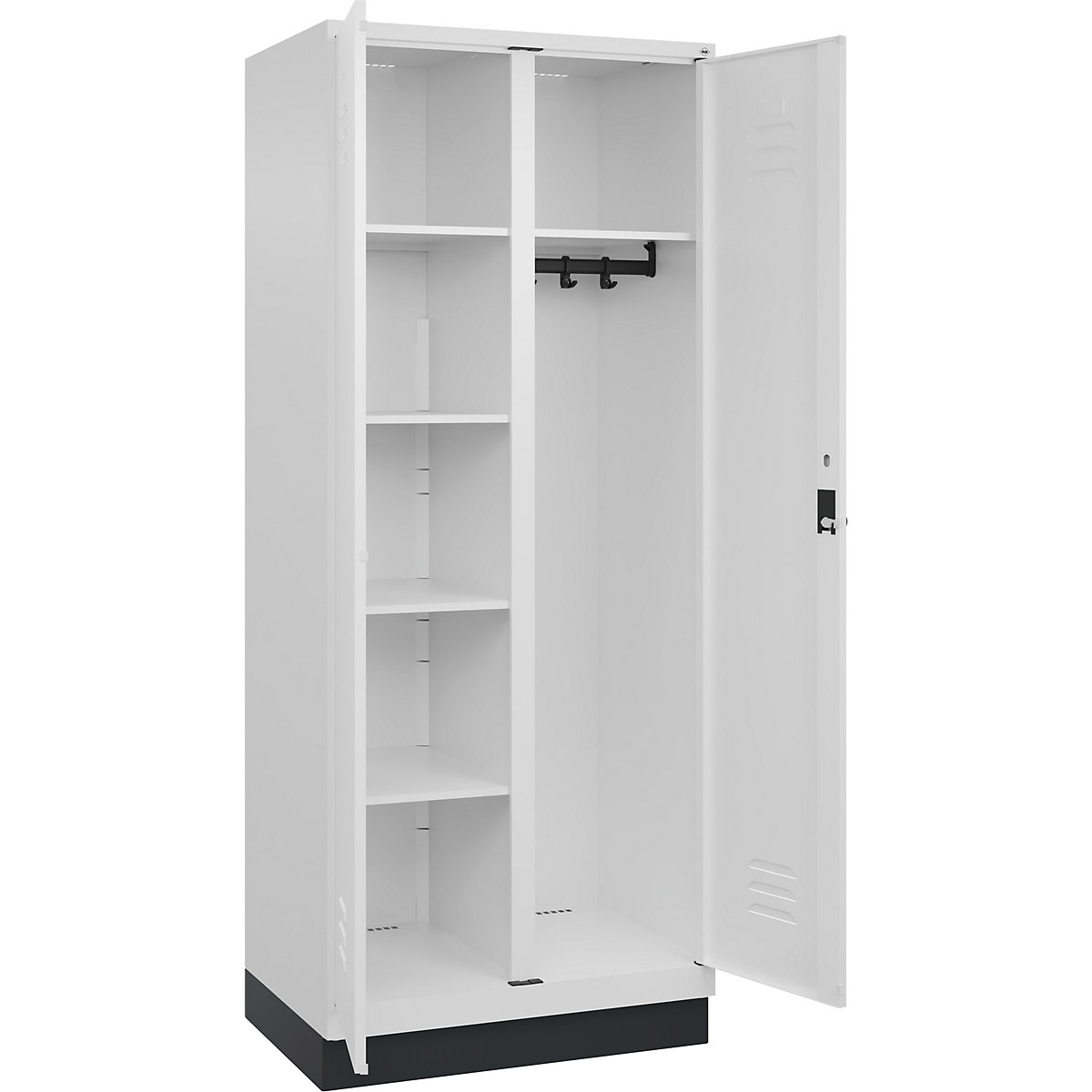 Armadietto per materiale di pulizia Classic PLUS – C+P, 1 scomparto, tramezza centrale, bianco traffico, largh. 800 mm, con zoccolino, serratura girevole-0
