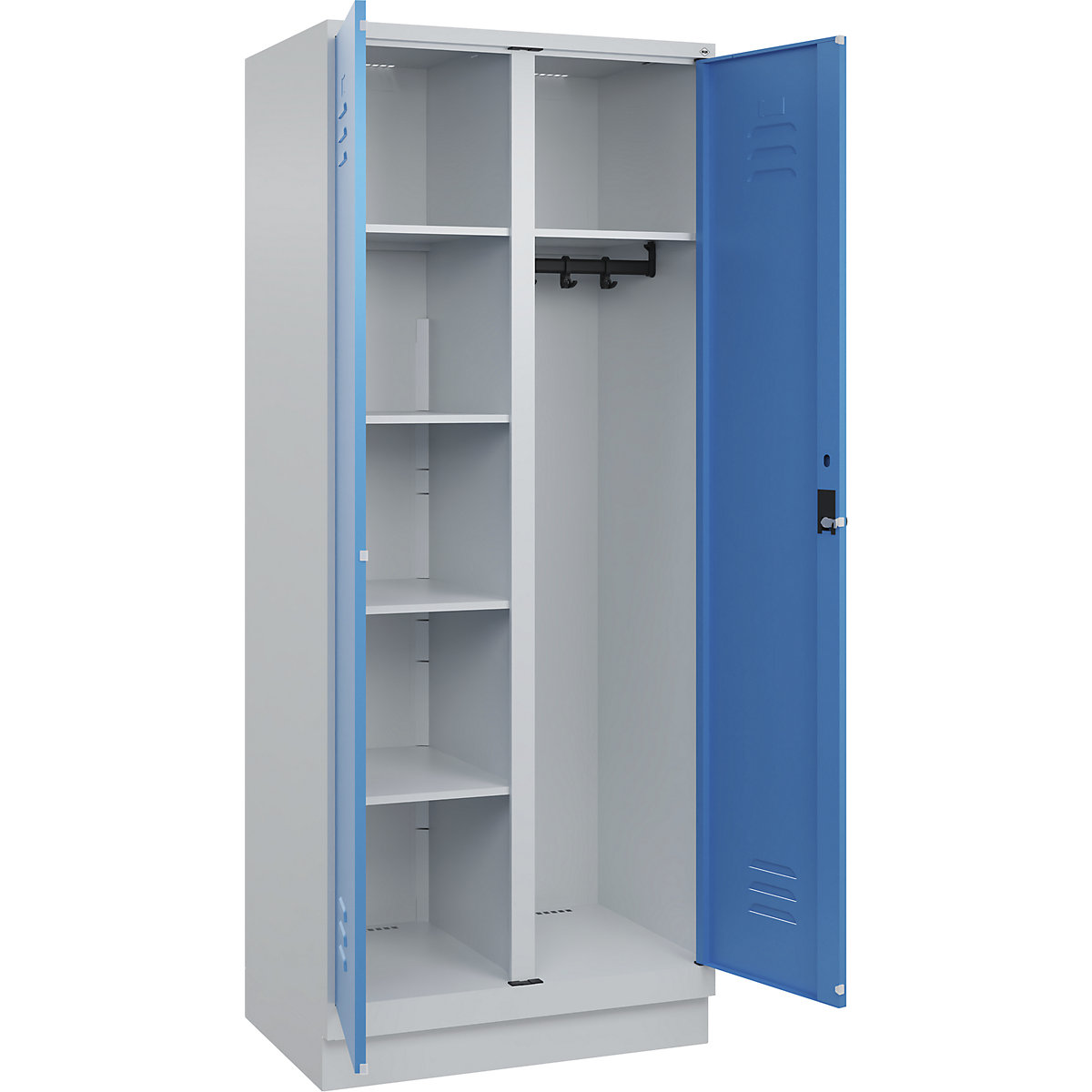 Armadietto per materiale di pulizia Classic PLUS – C+P, 1 scomparto, tramezza centrale, grigio chiaro / blu chiaro, largh. 800 mm, con zoccolino, serratura girevole-0