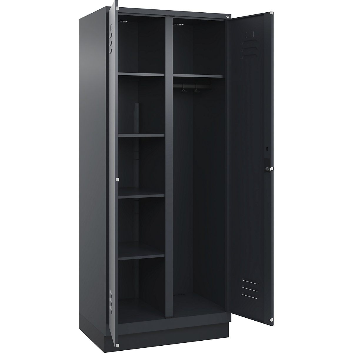 Armadietto per materiale di pulizia Classic PLUS – C+P, 1 scomparto, tramezza centrale, grigio, largh. 800 mm, con zoccolino, serratura girevole-0