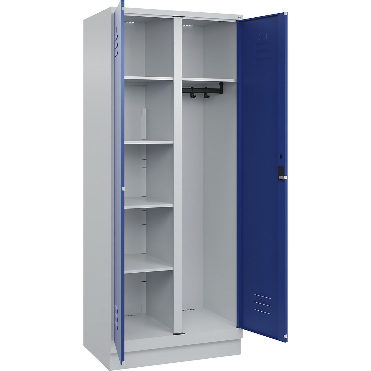 Armadietto per materiale di pulizia Classic PLUS – C+P, 1 scomparto, tramezza centrale, grigio chiaro / blu genziana, largh. 800 mm, con zoccolino, serratura a cilindro-0