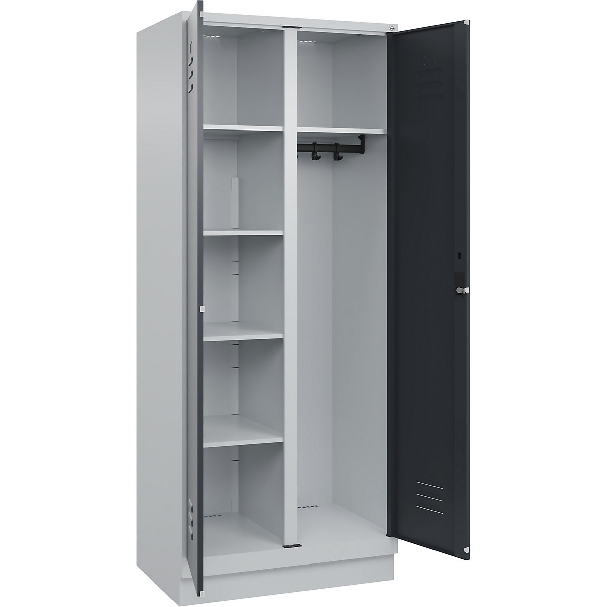 Armadietto per materiale di pulizia Classic PLUS – C+P, 1 scomparto, tramezza centrale, grigio chiaro / grigio, largh. 800 mm, con zoccolino, serratura a cilindro-0