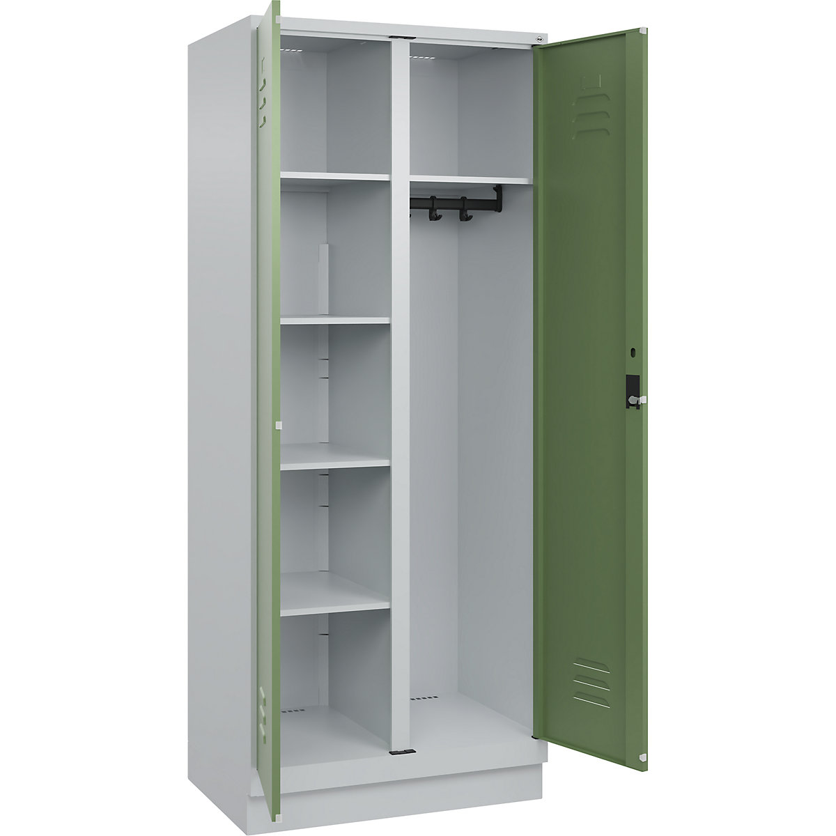 Armadietto per materiale di pulizia Classic PLUS – C+P, 1 scomparto, tramezza centrale, grigio chiaro / verde reseda, largh. 800 mm, con zoccolino, serratura a cilindro-0