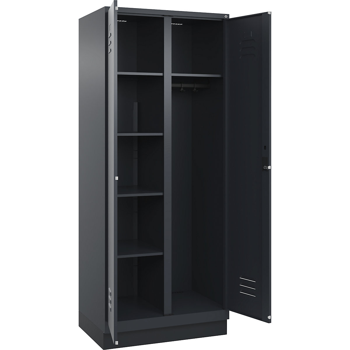 Armadietto per materiale di pulizia Classic PLUS – C+P, 1 scomparto, tramezza centrale, grigio, largh. 800 mm, con zoccolino, serratura a cilindro-0