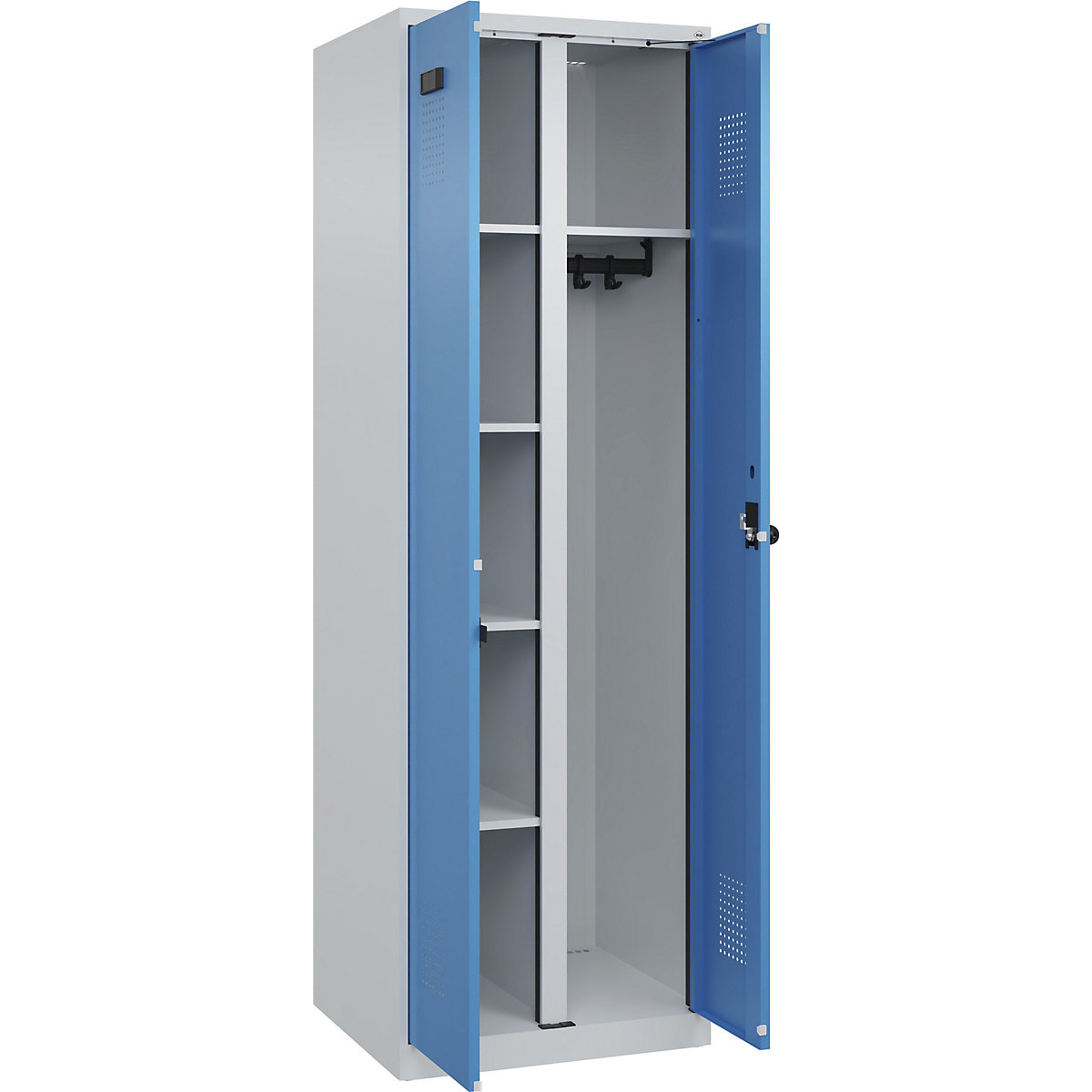 Armadietto per pulizia Evolo PLUS, 1 scomparto, tramezza centrale, grigio chiaro / blu chiaro, largh. 600 mm, con piedini a pavimento, serratura girevole di sicurezza-0