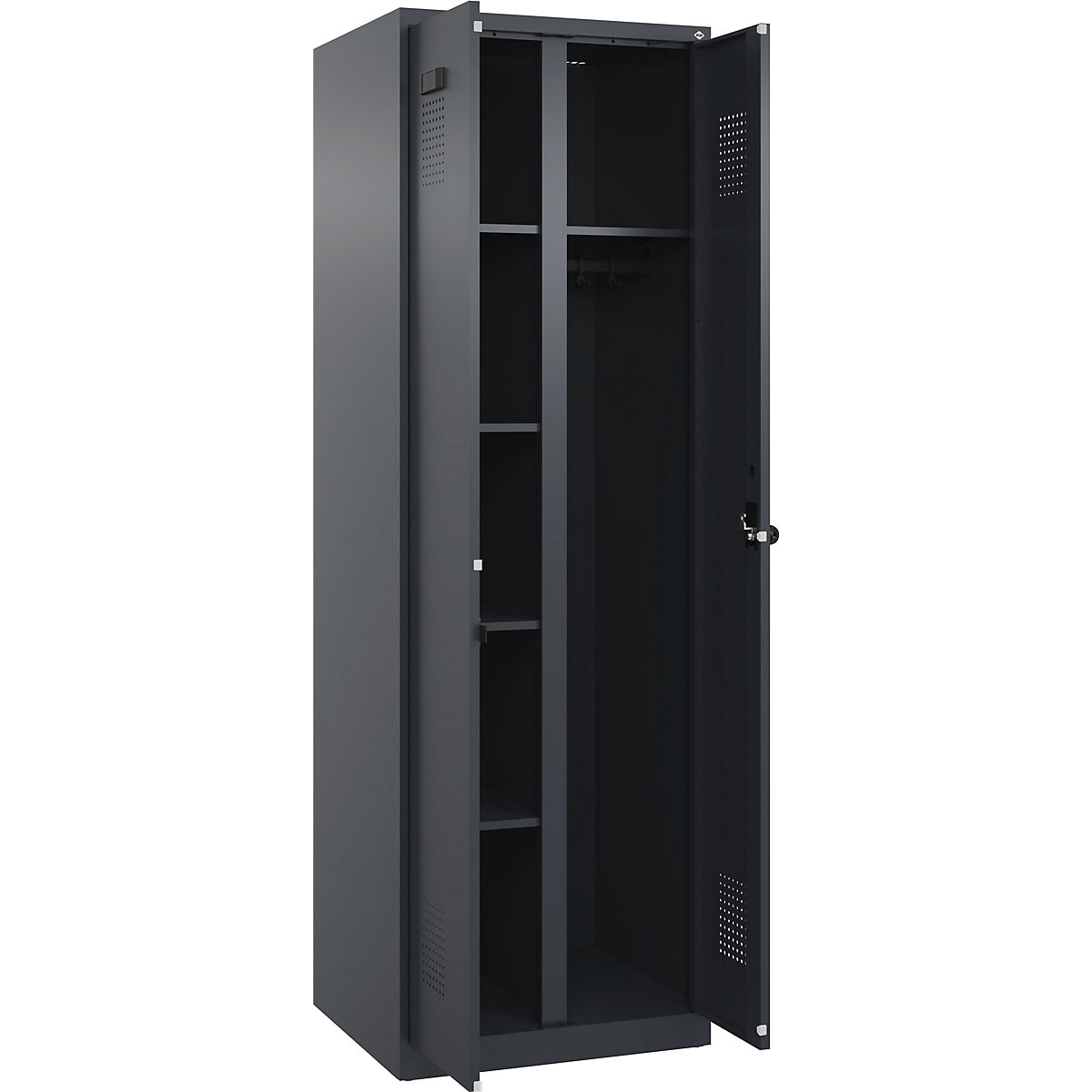 Armadietto per pulizia Evolo PLUS, 1 scomparto, tramezza centrale, grigio, largh. 600 mm, con piedini a pavimento, serratura girevole di sicurezza-0