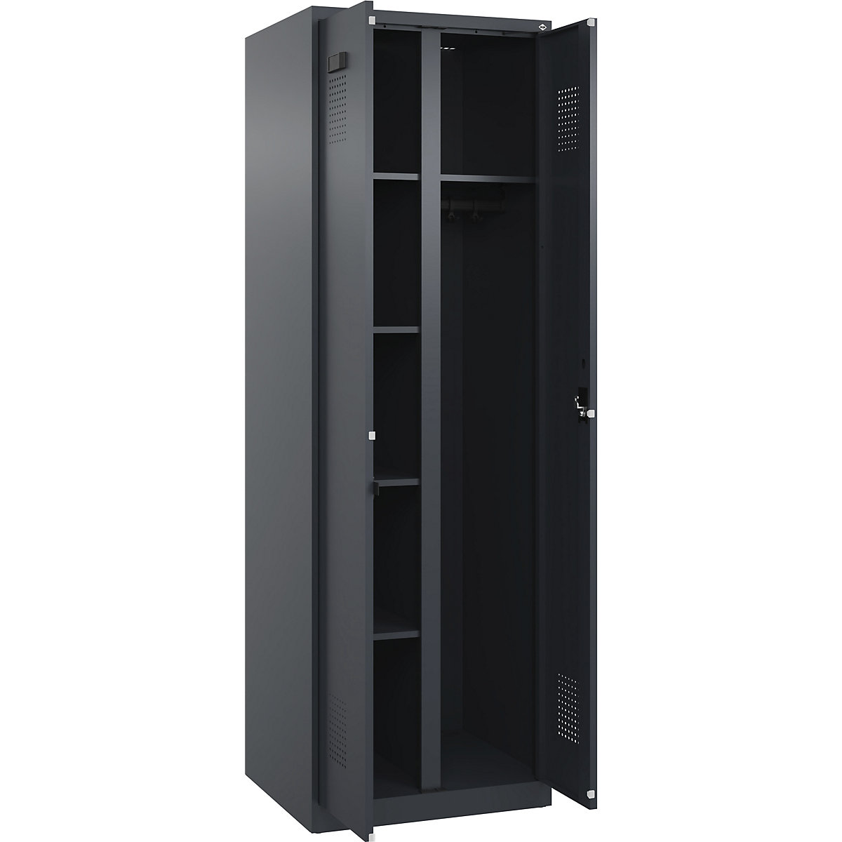 Armadietto per pulizia Evolo PLUS, 1 scomparto, tramezza centrale, grigio, largh. 600 mm, con piedini a pavimento, serratura a cilindro-0
