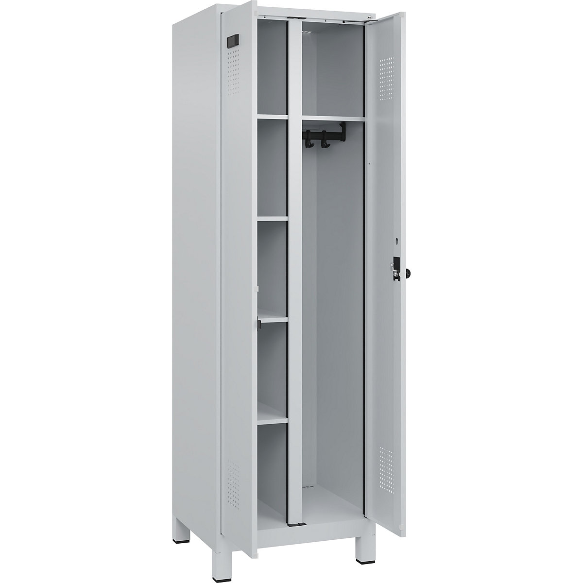Armadietto per pulizia Evolo PLUS, 1 scomparto, tramezza centrale, grigio chiaro, largh. 600 mm, con piedini larghi, serratura girevole di sicurezza-0