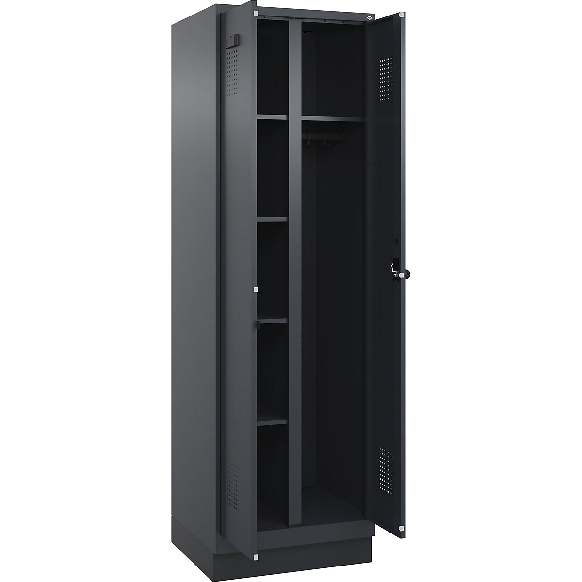 Armadietto per pulizia Evolo PLUS, 1 scomparto, tramezza centrale, grigio, largh. 600 mm, con zoccolino, serratura girevole di sicurezza-0