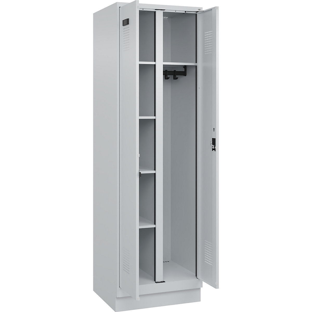 Armadietto per pulizia Evolo PLUS, 1 scomparto, tramezza centrale, grigio chiaro, largh. 600 mm, con zoccolino, serratura a cilindro-0