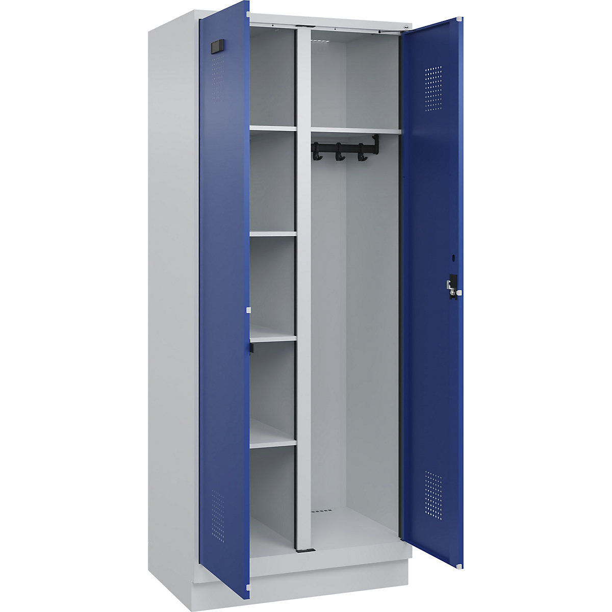 Armadietto per pulizia Evolo PLUS, 1 scomparto, tramezza centrale, grigio chiaro / blu genziana, largh. 800 mm, con zoccolino, serratura a cilindro-0