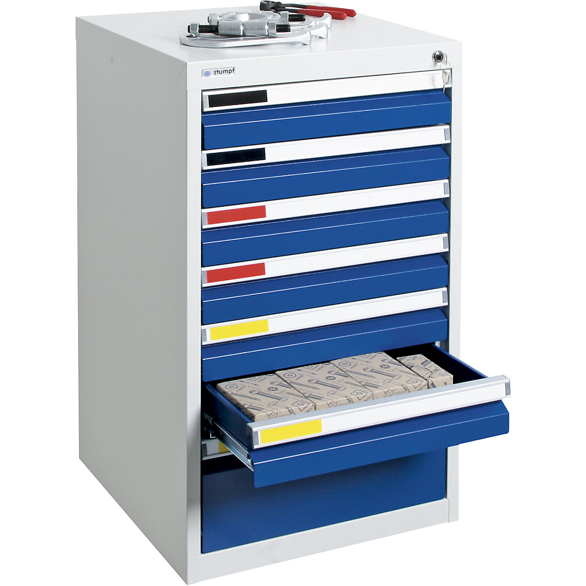 Cassettiera, larghezza 500 mm, 7 cassetti, grigio chiaro / blu genziana-0