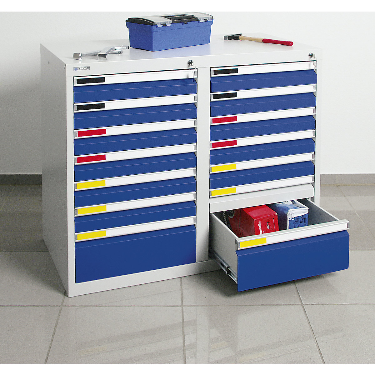 Cassettiera, larghezza 1000 mm, 14 cassetti, grigio chiaro / blu genziana-0
