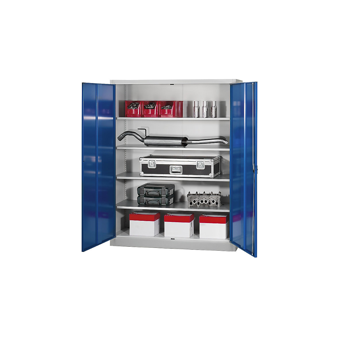 Armario de puerta batientes Jumbo – mauser, anchura 1500 mm, 4 baldas, profundidad 420 mm, puertas en gris luminoso-1
