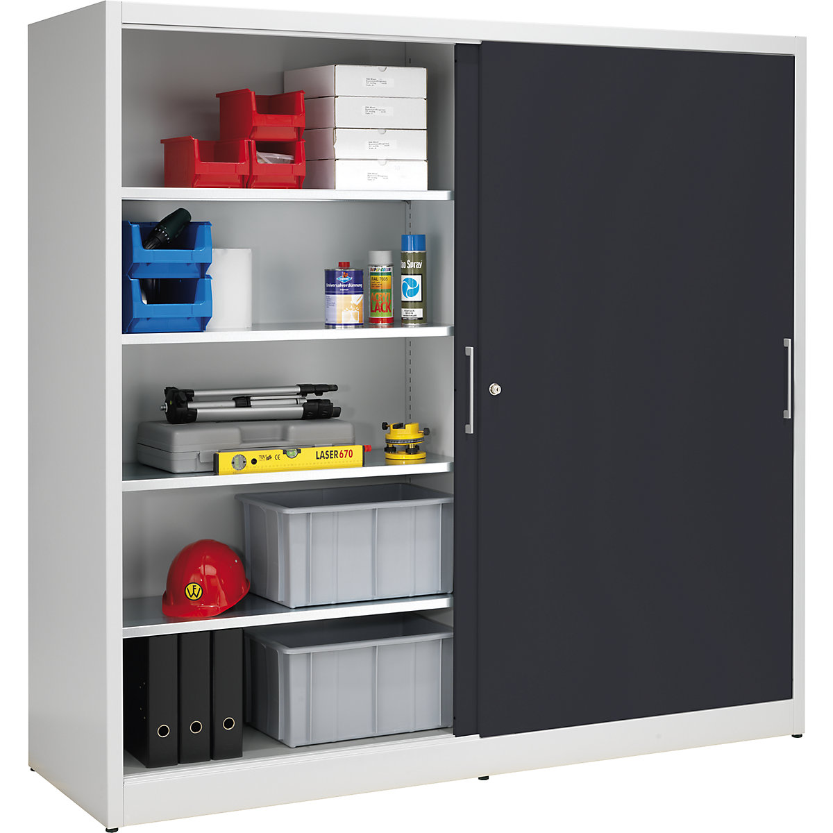 Armario de puertas correderas, altura 1950 mm – eurokraft pro, con pared medianera y 2 x 4 baldas, anchura 2000 mm, profundidad 600 mm, puertas en gris antracita RAL 7016-0