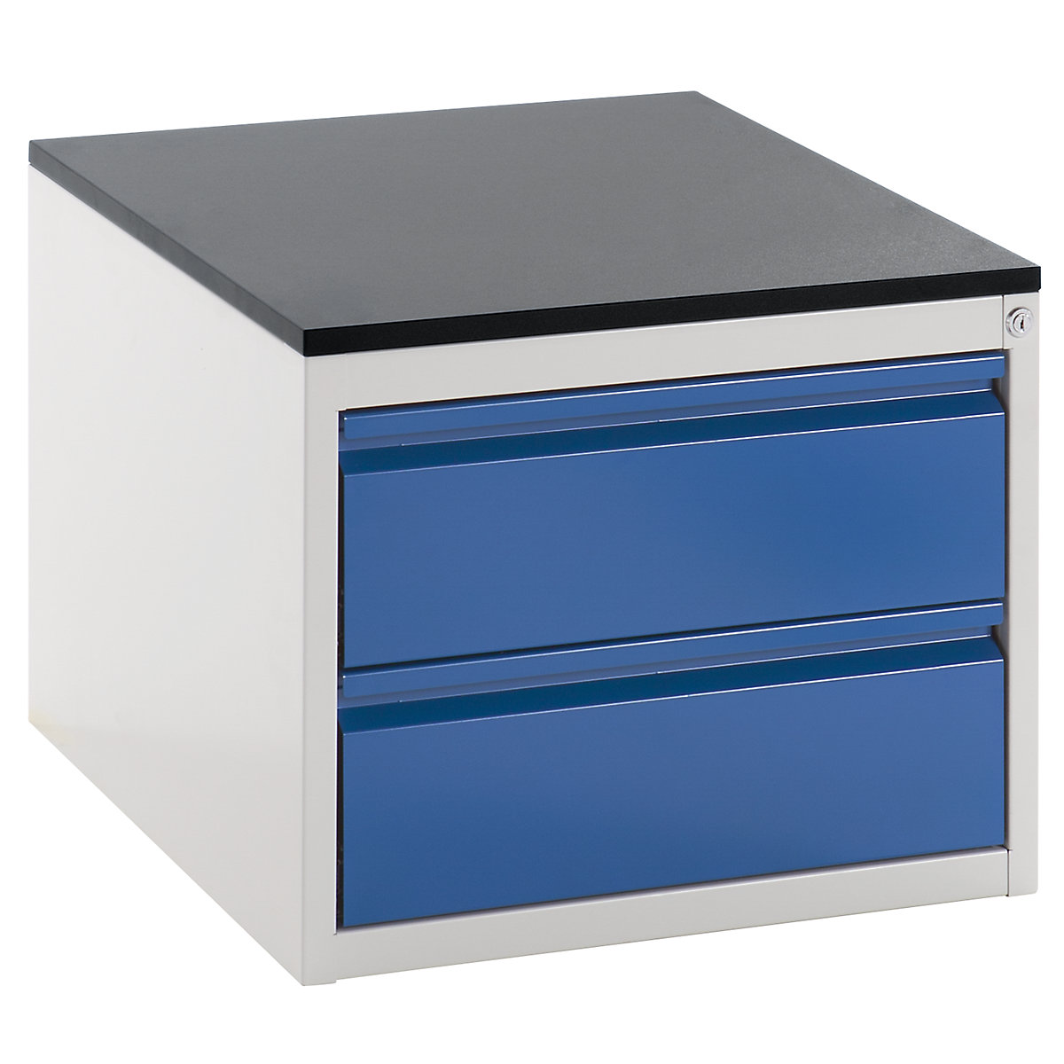 Cajonera con guías telescópicas – RAU, altura 460 mm, 2 cajones de 180 mm, gris luminoso / azul genciana, anchura 580 mm-0