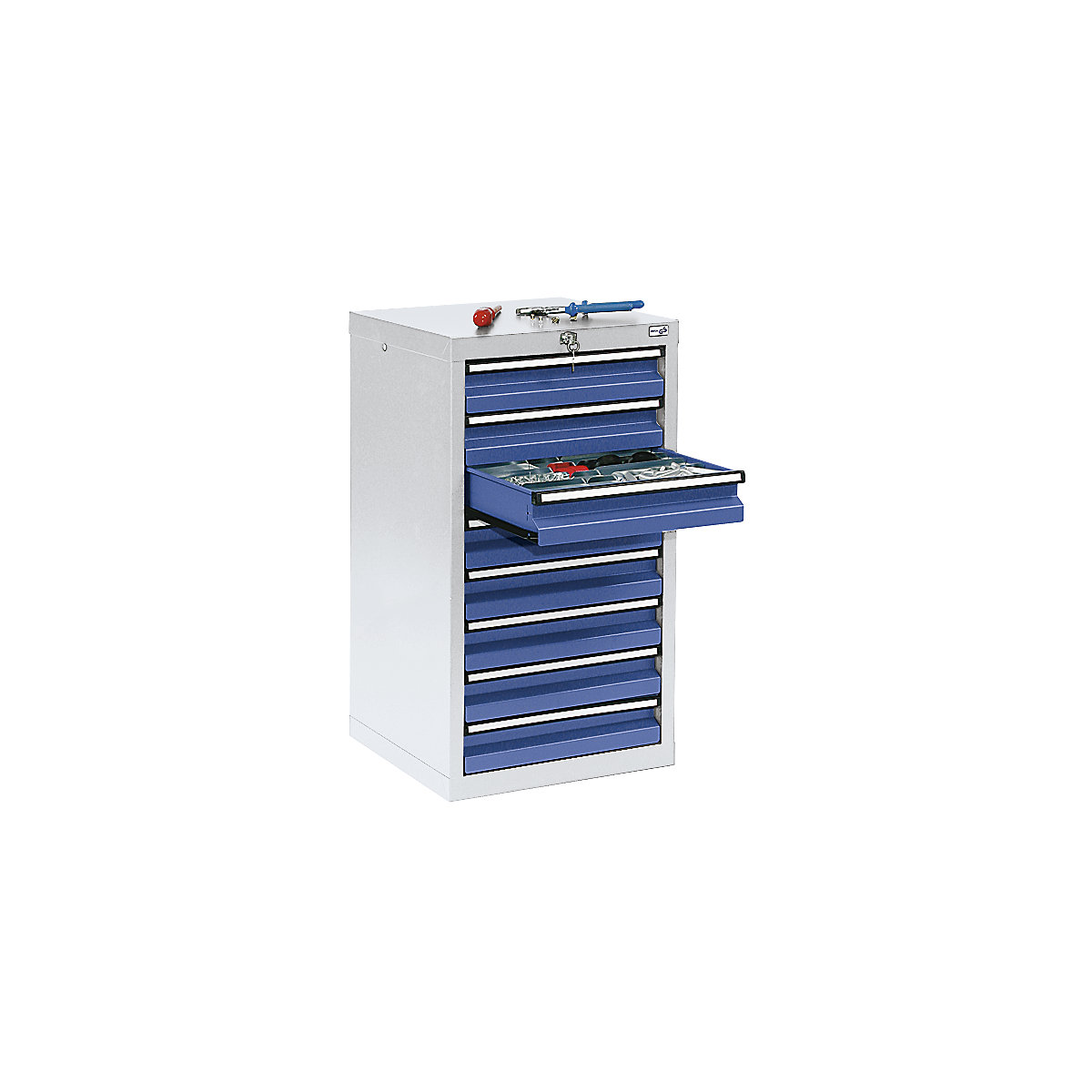 Cajonera, H x A x P 900 x 500 x 500 mm, 8 cajones de 100 mm de altura, cuerpo en gris luminoso, cajones en azul genciana-0