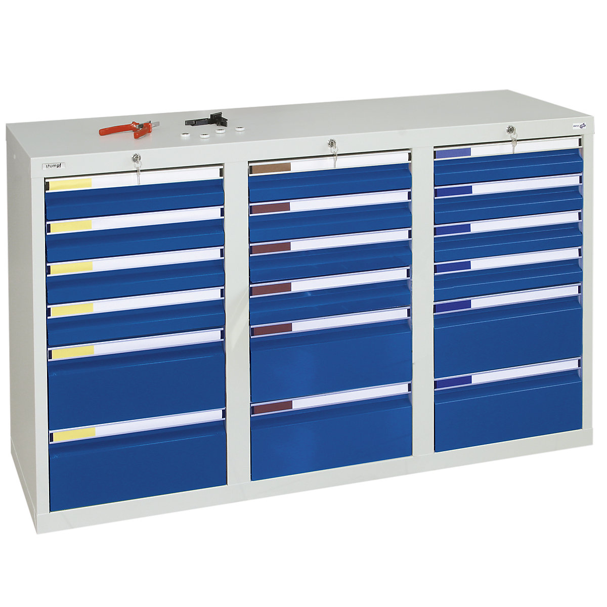 Cajonera, H x A x P 900 x 1500 x 500 mm, 12 cajones de 100 mm de altura y 6 cajones de 200 mm, cuerpo en gris, cajones en azul genciana-0