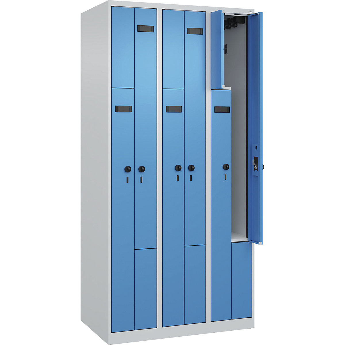 Taquilla en Z Evolo PLUS, 3 secciones, gris luminoso / azul luminoso, A 900 mm, 6 compartimentos, con tacos, pasador giratorio de seguridad-0