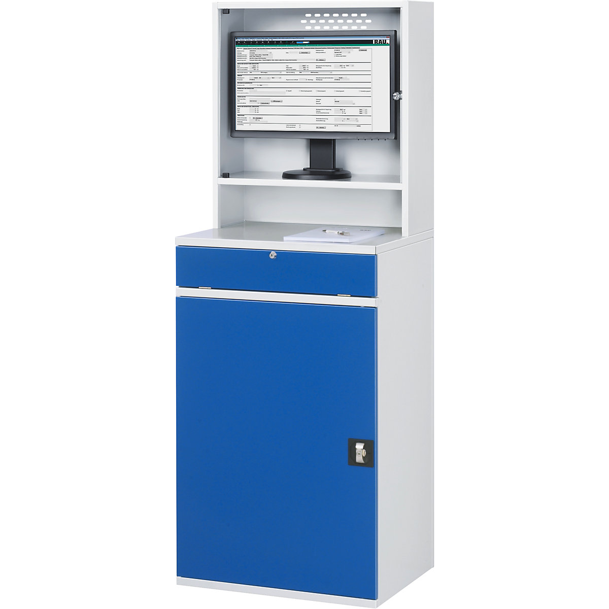 Estación de trabajo para ordenador – RAU, compartimento para el monitor, 1 balda extraíble, anchura 650 mm, gris luminoso / azul genciana-0