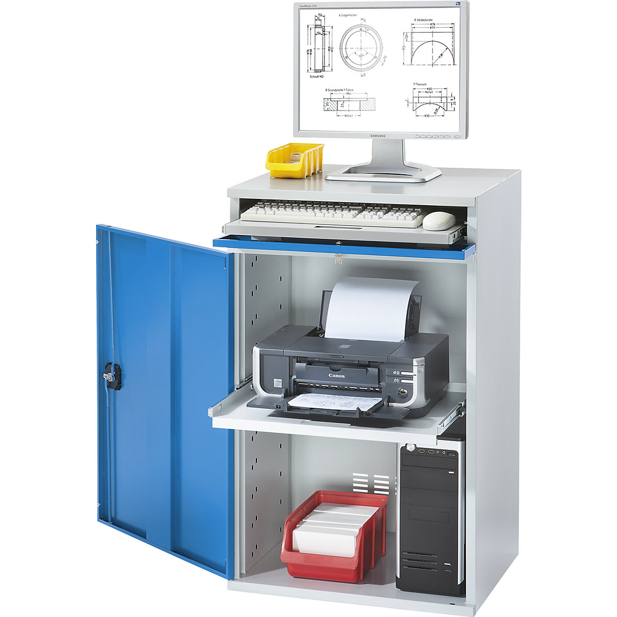 Puesto de trabajo para ordenador, chapa de acero – eurokraft pro, H x A 1060 x 650 mm, sin compartimento para el monitor, color de la puerta azul luminoso-0