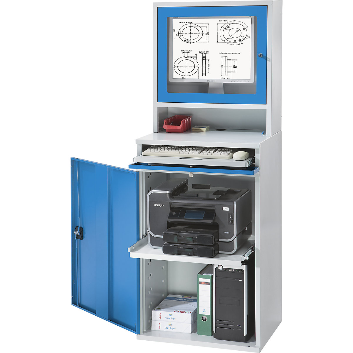 Puesto de trabajo para ordenador, chapa de acero – eurokraft pro, H x A 1770 x 650 mm, con compartimento para el monitor, color de la puerta azul luminoso-0