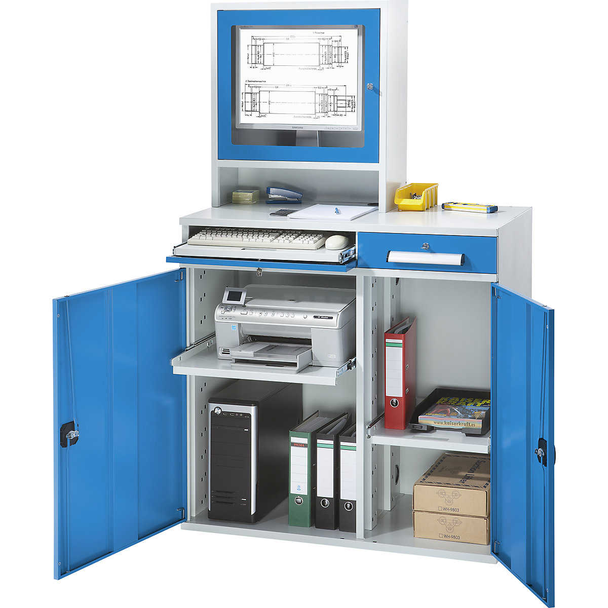 Puesto de trabajo para ordenador, chapa de acero – eurokraft pro, H x A 1770 x 1100 mm, con compartimento para el monitor, color de la puerta azul luminoso-0