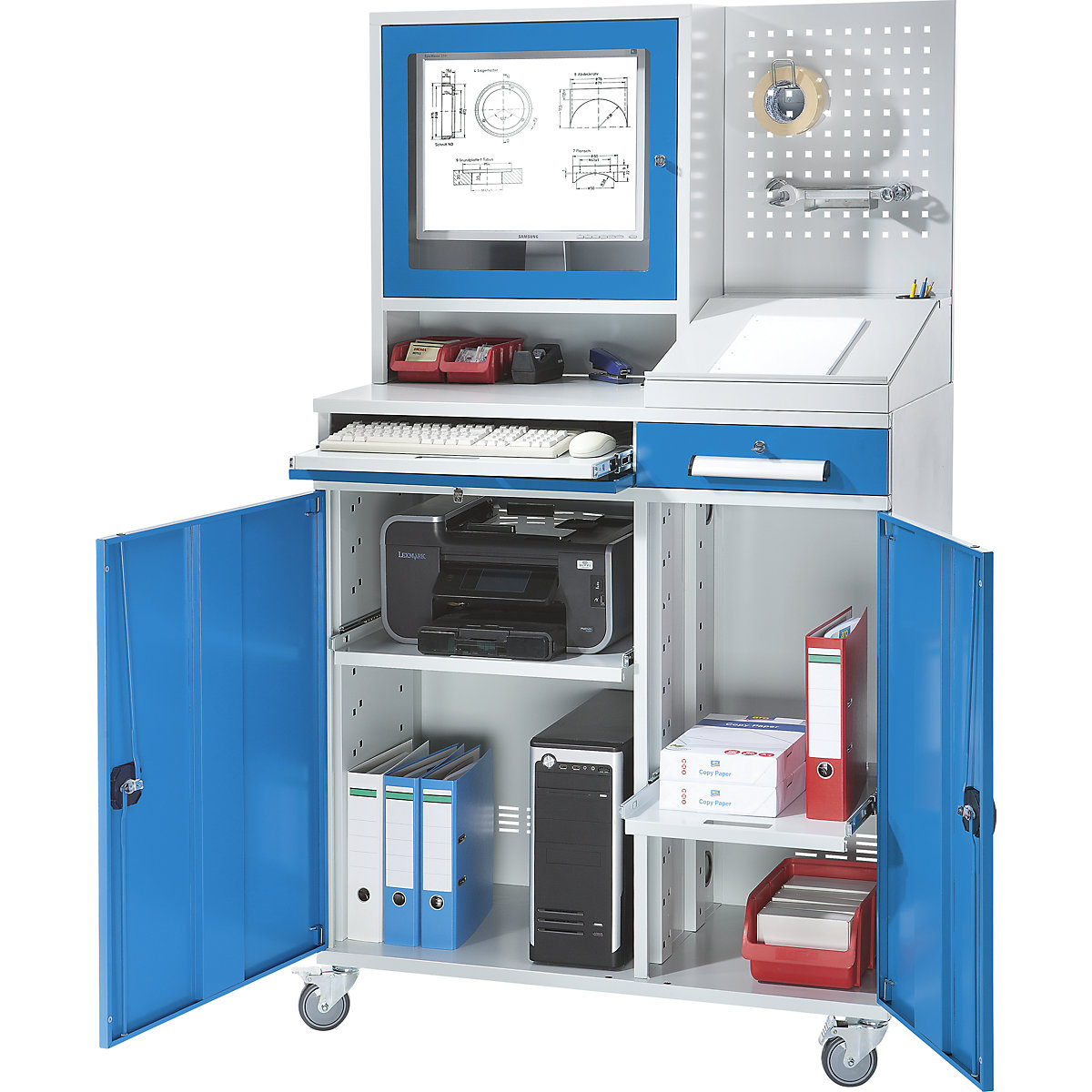 Puesto de trabajo para ordenador, chapa de acero – eurokraft pro, H x A 1770 x 1100 mm, con compartimento para monitor, pared perforada, pupitre superpuesto, color de la puerta azul luminoso-0