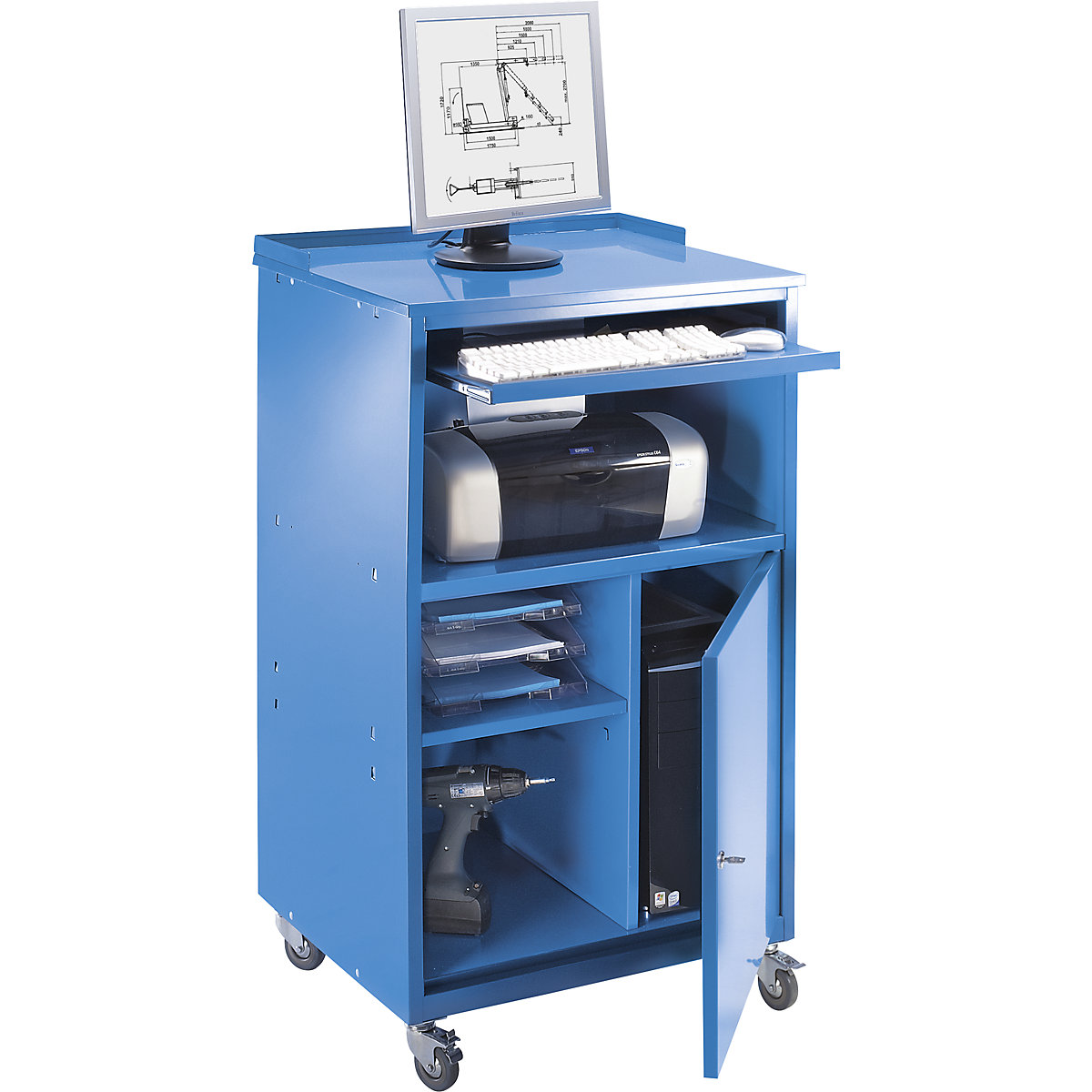 Pupitre para PC, rodante – eurokraft basic, H x A x P 1170 x 690 x 590 mm, azul luminoso RAL 5012-0