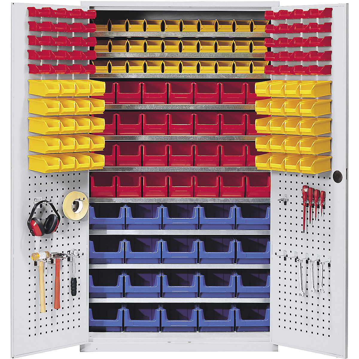 Armario de gran capacidad – mauser, 10 baldas, 158 cajas visualizables, gris luminoso RAL 7035-1