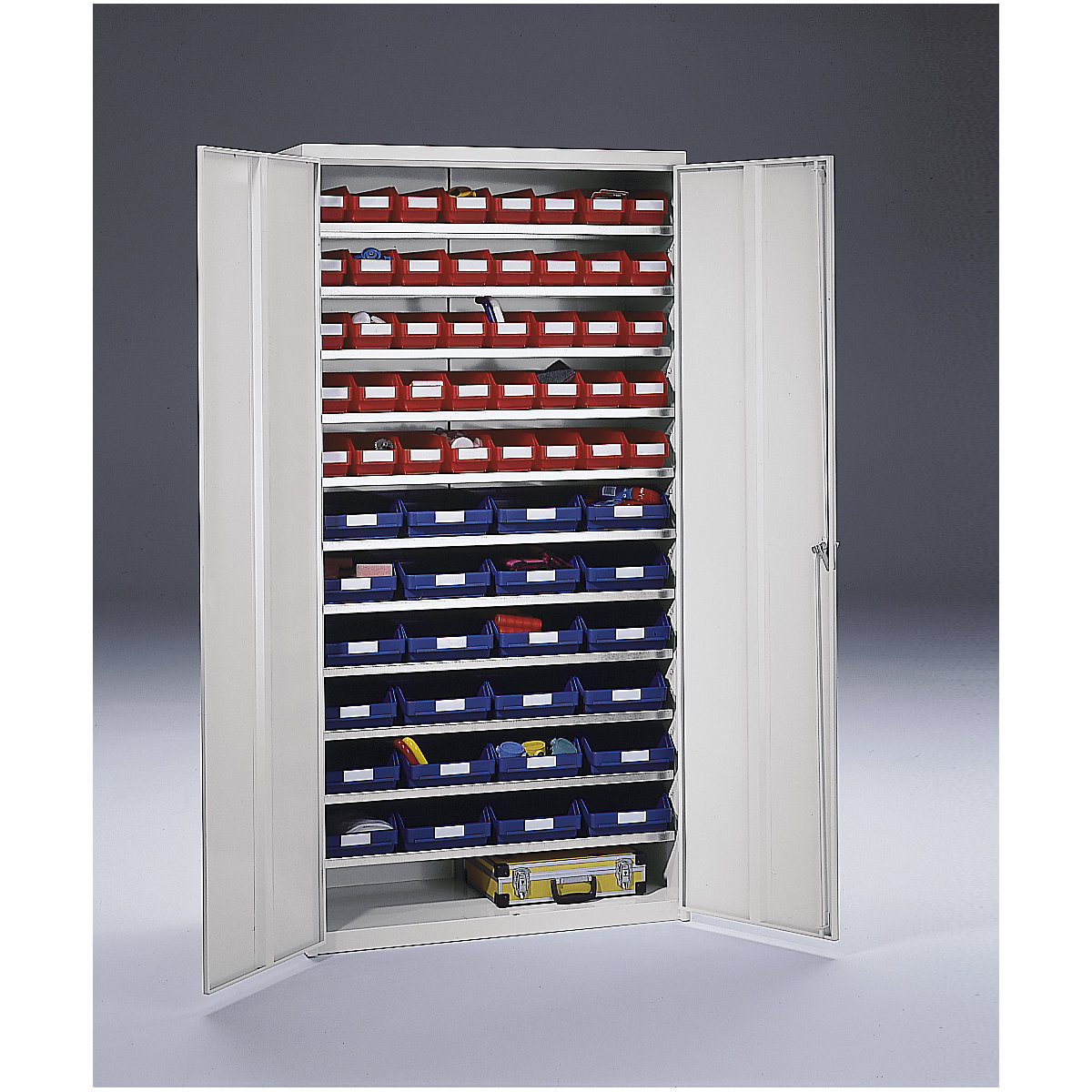 Armario-almacén – STEMO, H x A x P 1970 x 1000 x 450 mm, con cajas para estanterías, 40 cajas rojas, 24 cajas azules-2